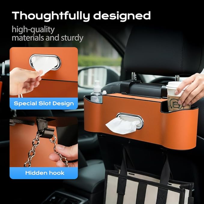 3-in-1 Car Backseat Organizer, 2026 New Multifunctional Back Seat Car Organizer with Cup Holder, Tissue Box, Trash Bin & Hooks for Hold Phones, Snacks, Drinks, Handbags (2, Orange)