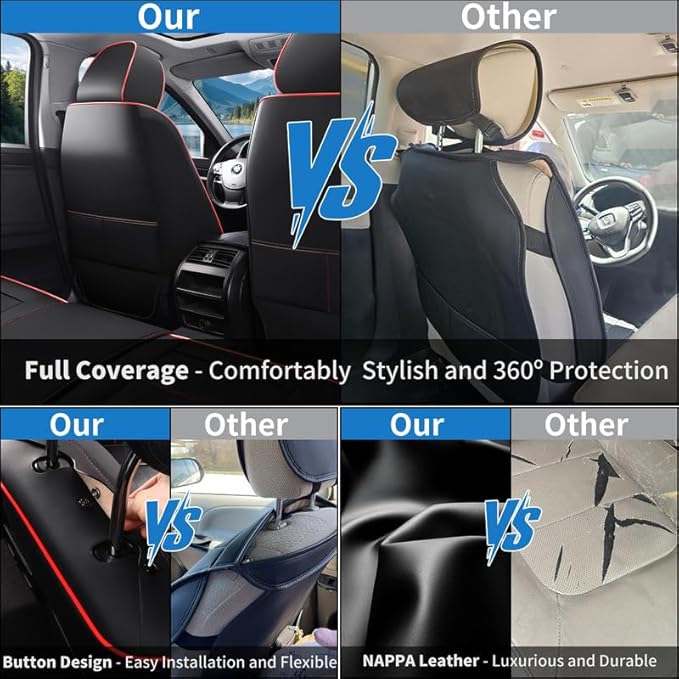 Car Seat Covers Full Set Custom Fit for Chevy Equinox 2005-2025 2026-Luxury Leather with Lumbar Support, Breathable, Waterproof, Anti-Slip, Durable, Easy to Install (Black&Red,Full Set)