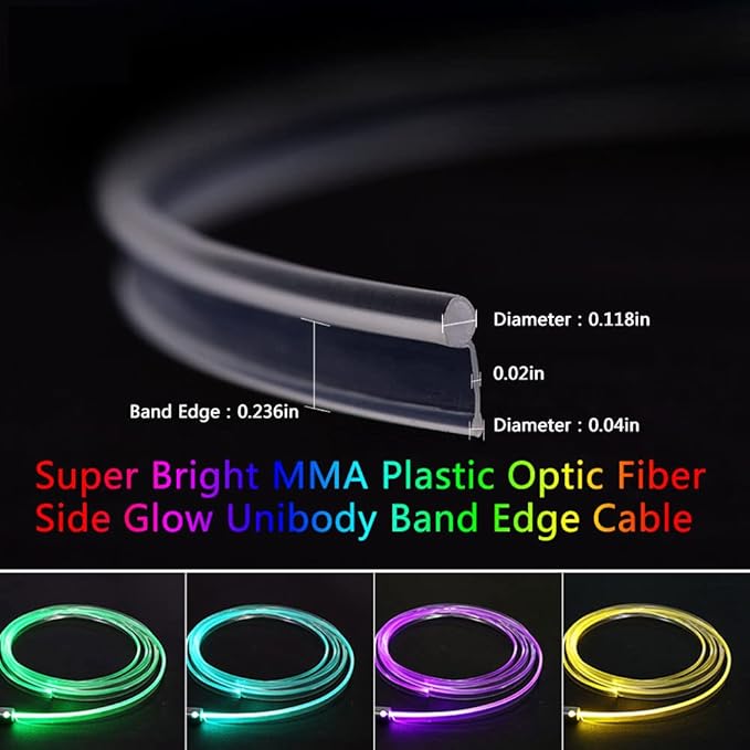 Super Bright MMA Plastic Optic Fiber Side Glow Unibody Band Edge Cable Car LED Illumination Optic Fiber Band Car Interior Atmosphere Lights (164ft)