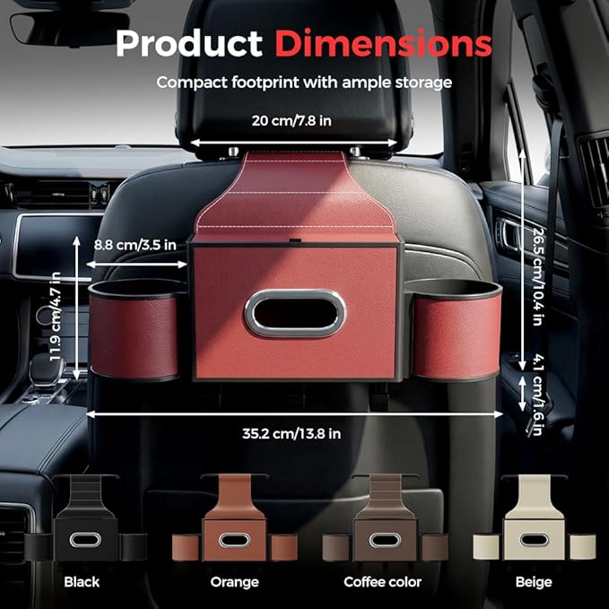 Back Seat Car Organizer,3 in 1 Car Backseat Storage Box with Cup Holder,Tissue Box,Trash Bin&Hooks,Multifunctional Waterproof Storage for Hold Phones Snacks Drinks Handbags (1, A-Black)