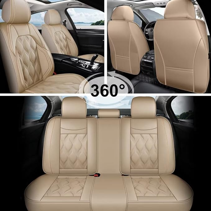 AOMSAZTO Car Seat Cover Full Set Fit for GMC Yukon 2007-2026 Leather Car Seat Cushion Protector Compatible Airbag Waterproof Automotive Seat Covers Full Set 5 Seats Beige
