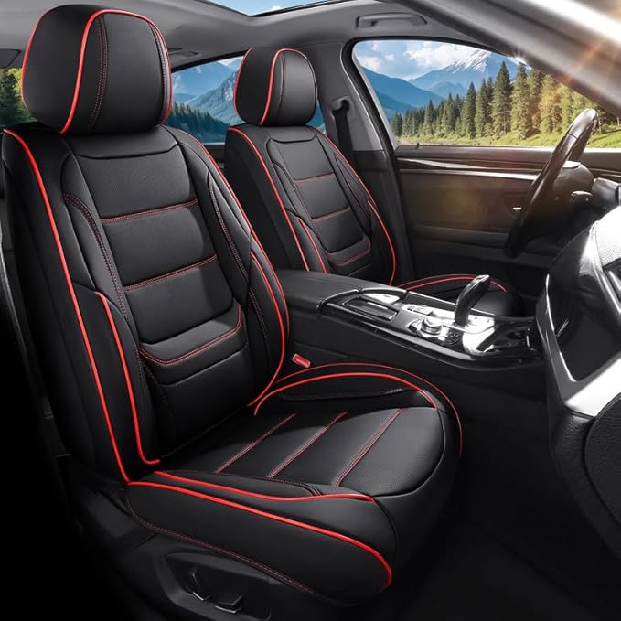 Car Seat Covers Full Set Custom Fit for Chevy Trax 2015-2026-Luxury Leather with Lumbar Support, Breathable, Waterproof, Anti-Slip, Durable, Easy to Install (Black&Red,Full Set)