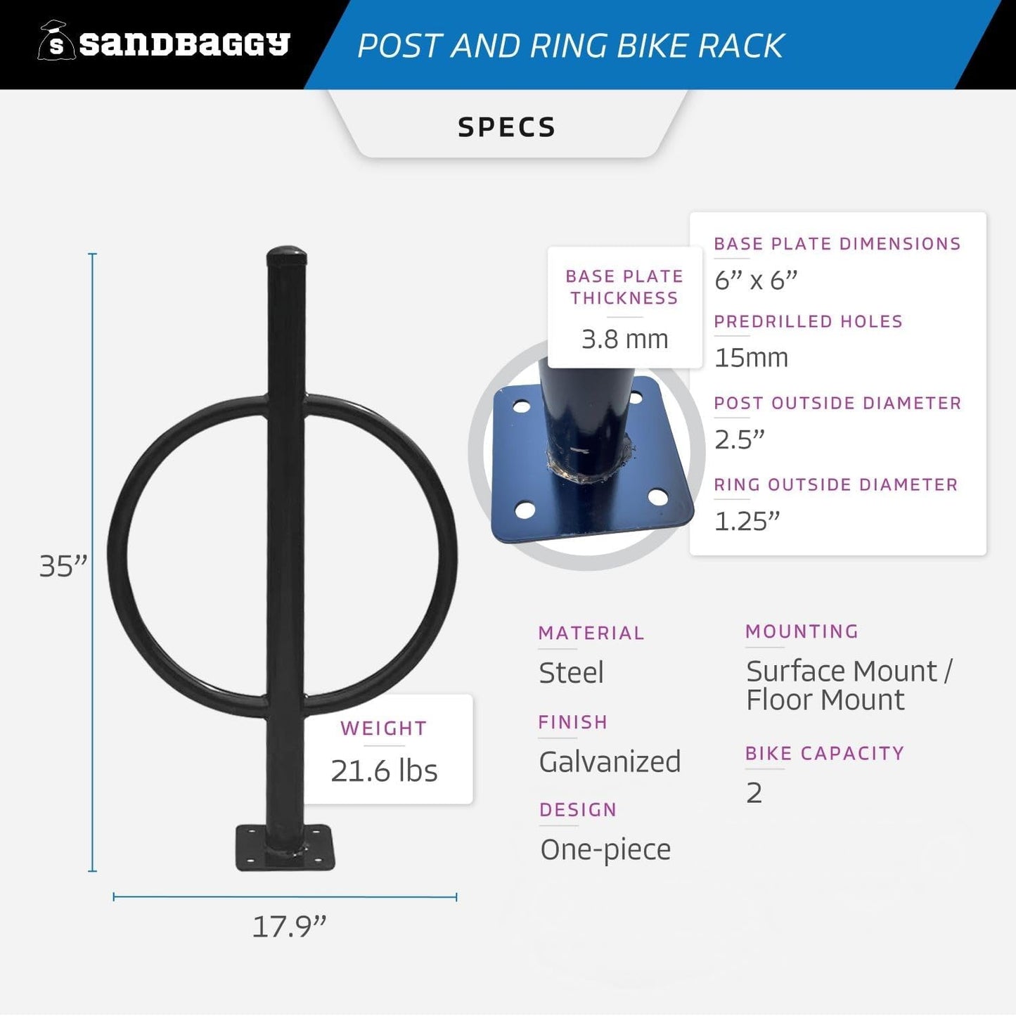 Sandbaggy Post and Ring Bike Rack - Commercial Bike Racks - Galvanized Steel - Anti-Theft Design - In Ground, Apartments, Sidewalks, Industrial (Orange, 20)