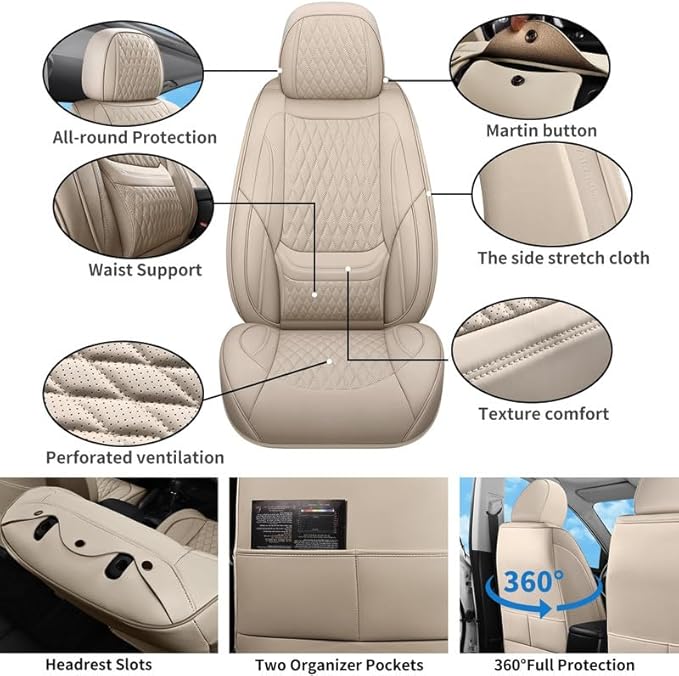 Car Seat Covers Full Set Custom Fit for Ford Fiesta 2011-2019 - Premium Faux Leather with Lumbar Support | Breathable, Waterproof, Anti-Slip, Durable (Beige,Full Set)