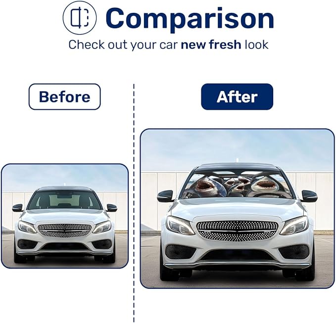 GENANY Shark Family Windshield Sun Shade for Car SUV Truck (55x30 Inches), Great White Shark Sun Shade Windshield, Shades for Front Windows, Halloween Auto Gift, Christmas Car Decor