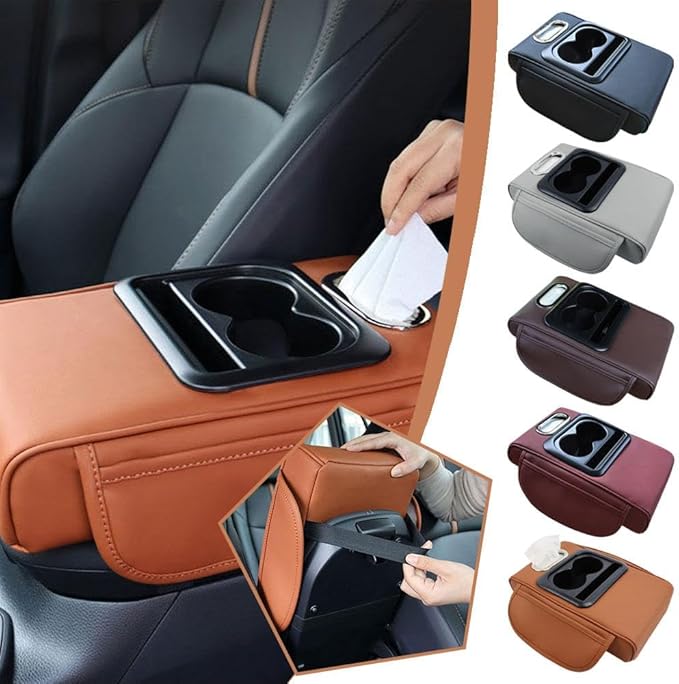 Car Armrest Cushion,5-in-1 Center Console Cover with 2 Storage Bags Cup Holder, Tissue Box Slot, Phone Slot for Car Sedans,Car Interior Accessories for Most Vehicle, SUV, Truck,Cars (Claret)