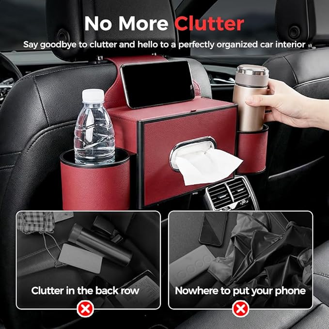 3-in-1 Car Backseat Organizer with Cup Holder, Tissue Box, Trash Bin & Hooks,Multifunctional Back Seat Car Organizer for Hold Phones,Snacks,Drinks,and Handbags (A-Black)