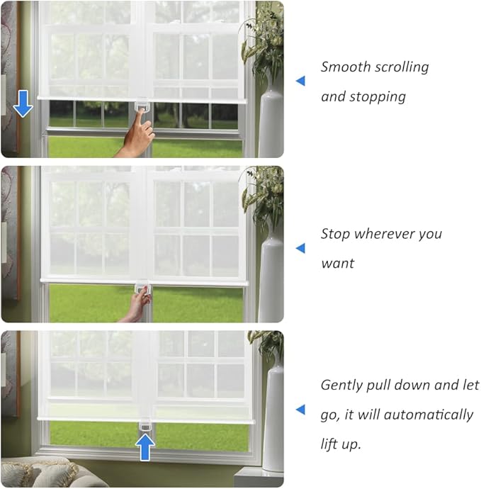 LUCKUP Light Filtering Roller Shades for Windows, Cordless Semi Sheer Solar Blinds with 5% Openness Free-Stop Window Shades for Home & Office, White 42" W x 72" L