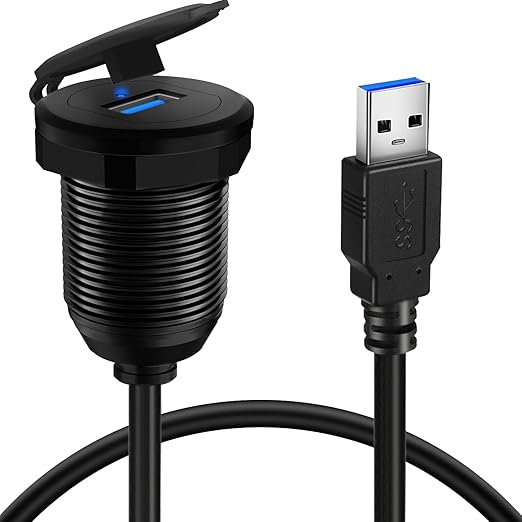 BATIGE Alloy Single Port USB 3.0 Dashboard Port Car Mount Flush Cable, Male to Female Waterproof Extension Cable for Car Truck Boat Motorcycle with LED Indicator 1ft