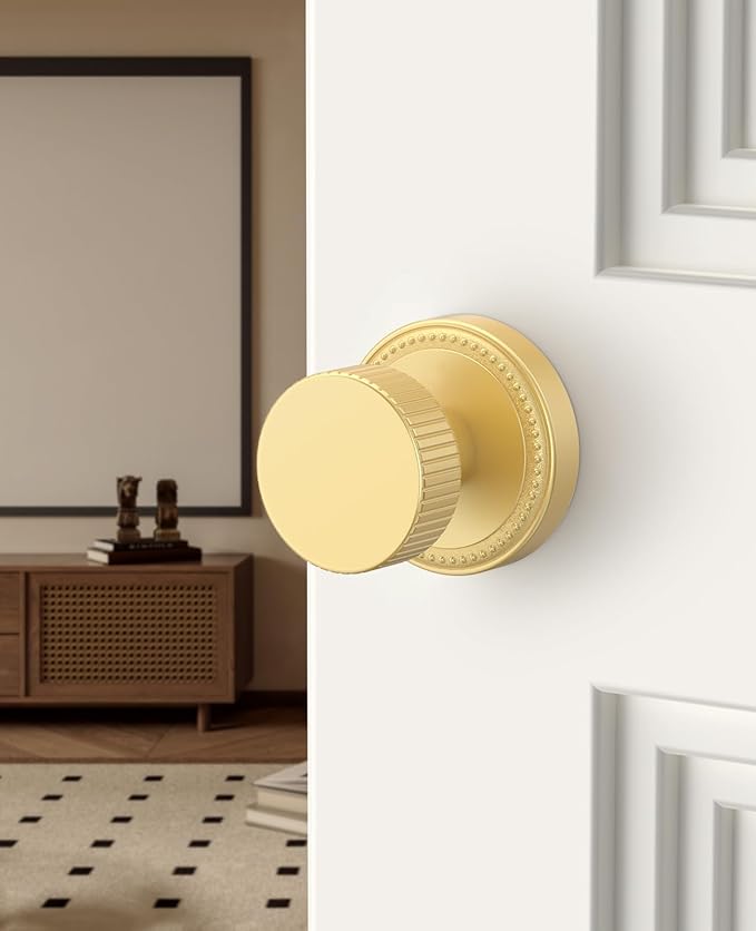 Asidrama 1 Pack Passage Gold Door Knob with Lock. Brush Gold Door Knobs Interior for Bedroom or Bathroom, Heavy Duty Door Handle for Left Right Sided Doors