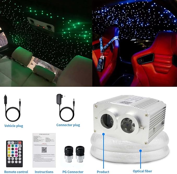 AZIMOM Two Port 16W Twinkle 800pcs Fiber Optic Starlight Headliner Kits 0.03in 13.1ft Fiber Strands Sound Activated Remote APP Control Dual Port Starlight Box Car Home Ceiling Decor