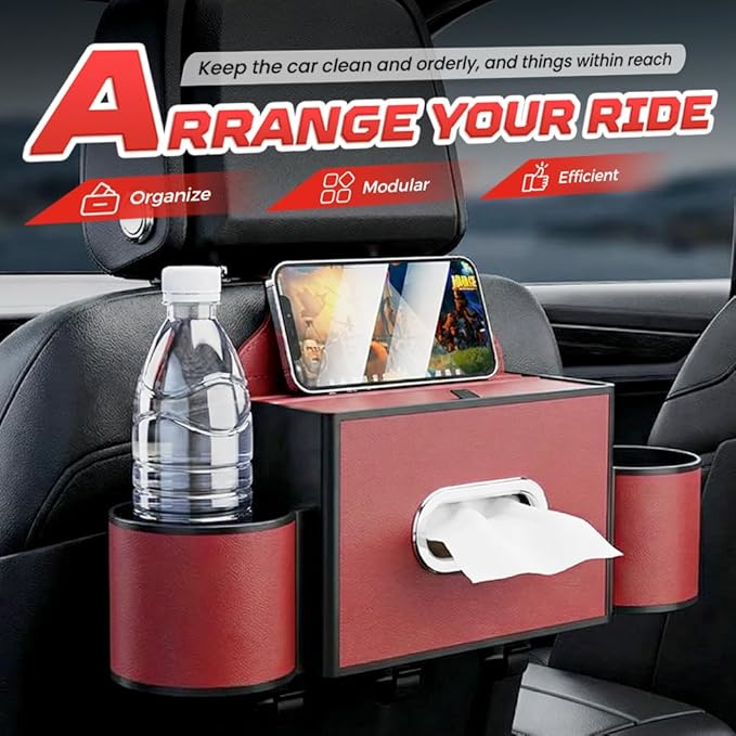 3-in-1 Car Backseat Organizer with Cup Holder, Tissue Box, Trash Bin & Hooks,Multifunctional Back Seat Car Organizer for Hold Phones,Snacks,Drinks,and Handbags (A-Coffee)