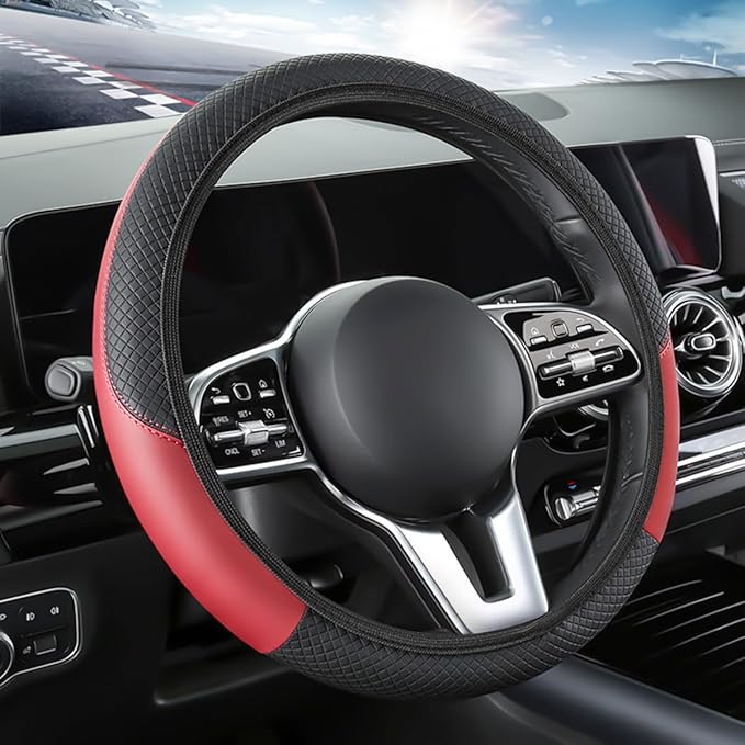 Car Steering Wheel Cover, Elastic Stretch Leather Non-Slip Vehicle Steering Wheel Guard, Automotive Interior Protective Decor Accessories, Universal for SUV RV Truck (Black/Red)
