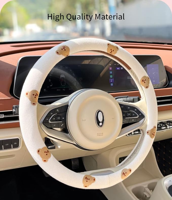 Wheel Cover Flax Microfiber Steering Wheel Covers for Women Fit 15 inch Car Cute Bow Tie Anti-Slip Breathable Absorbing Sweat Cover (Type-O-Bear)
