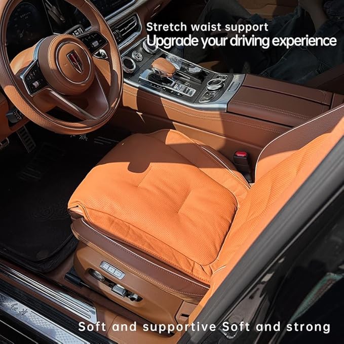 Car SUV Van Universal Genuine Leather Seat Cushion Lumbar Back Top Layer Cow Leather Front and Back Cushion Plus Padded Comfort (Coffe Brown Cushion Seat)