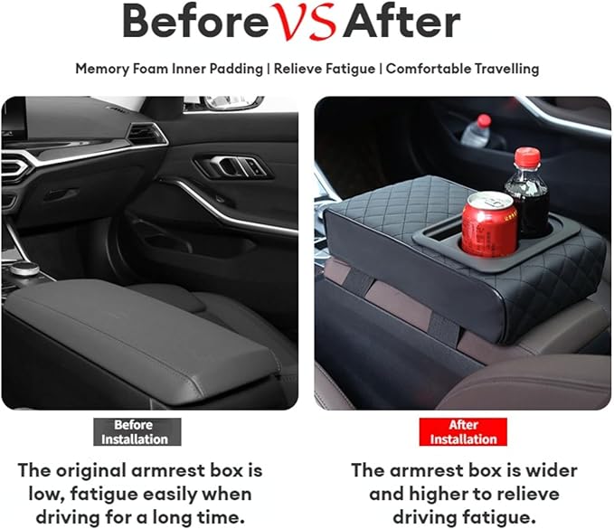 Center Console Cover Car Armrest Box Pad Leather Arm Rest Cushion with Cup Holder Mobile Phone Storage Armrest Protection Pad for Car (Grid Black, 13.58 * 8.07 * 2.95 inch)