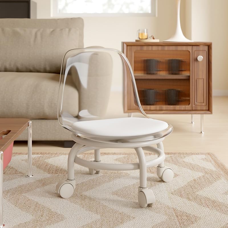 Low Rolling Stool with Wheels,Mini Rolling Garage Stool with Back Support,360° Rotating Floor-Friendly Wheels for Home, Office,Garage & Salon (Transparent White)
