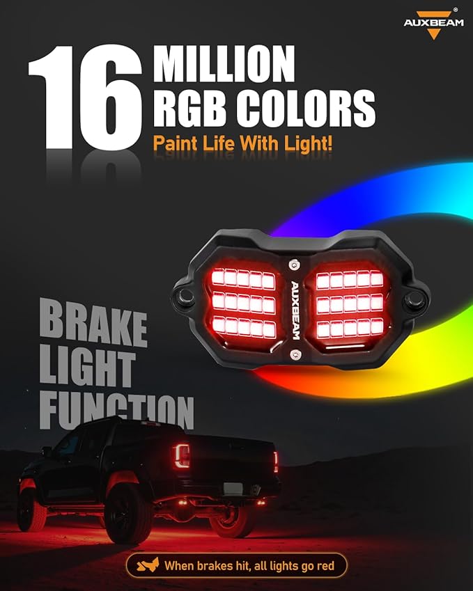 Auxbeam 4 Pods RGB LED Rock Lights, Bluetooth& Remote Control Multi Color-Changing Wheel Well Lights w/Brake Mode, Music & Voice Sync Underglow for Trucks UTV Car Boat Waterproof, 1 Year Warranty