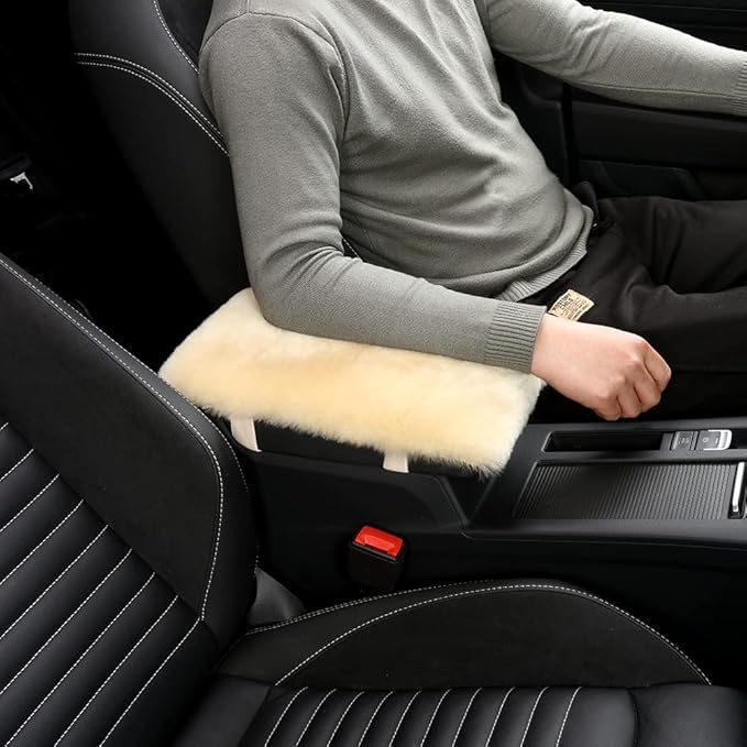 Sheepskin Armrest Cover Auto Center Armrest Cover Car Soft Console Pad, Fluffy Wool Auto Center Console Cover for Most Car Arm Rest Decoration Protector 7 x 13 Inch (Shearling, Ivory White)