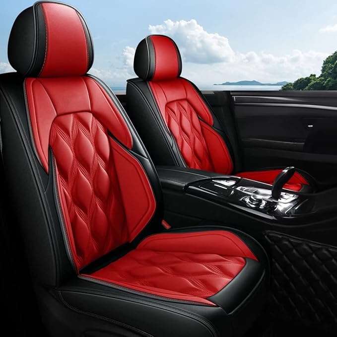 AOMSAZTO Front Seat Covers Fit for Hyundai Santa Cruz 2022-2026 Waterproof Faux Leather Car Seat Cover Compatible with Airbag(2PCS Front, Black&Red)