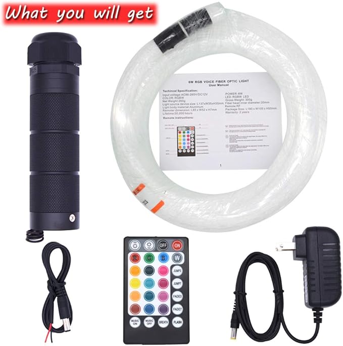 Fiber Optic Light Car Ceiling Starlight Headliner Kit 500 Pieces 0.03in 9.8ft 6W RGBW Music Sensor APP/Remote Control Star Lighting