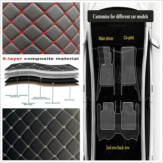 Custom Personalized Floor Mats for Cars - Luxury Full Coverage All Weather Mats, Anti-Slip Leather Mat Set, Fit for 99% of Cars, SUVs & Trucks (Black Blue, A-Diamond)