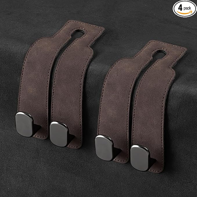 KINIVA Car Seat Headrest Storage Hooks, Set of 2, Suede PU Leather, Double Hooks (Brown)