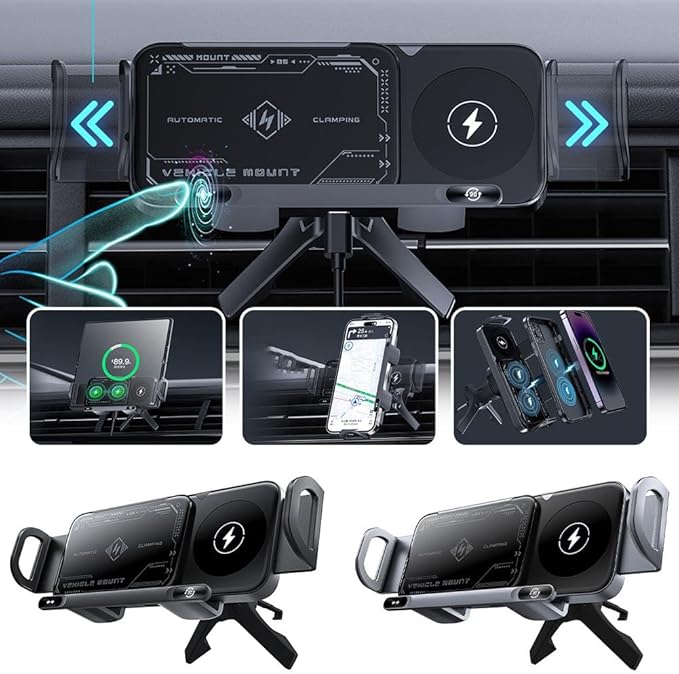 Wireless Charging Rotating Car Mount,Smart 2-in-1 Auto-Rotating Car Phone Holder & Wireless Charger,Foldable with 15W Fast Charging,Compatible with iPhone & Samsung Devices & Smartphone & Pad (Black)