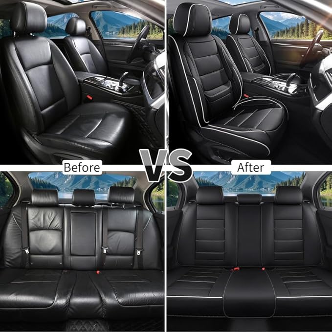 Car Seat Covers Full Set Custom Fit for Mercury Mountaineer 1997-2010-Luxury Leather with Lumbar Support, Breathable, Waterproof, Anti-Slip, Durable, Easy to Install (Black&White,Full Set)