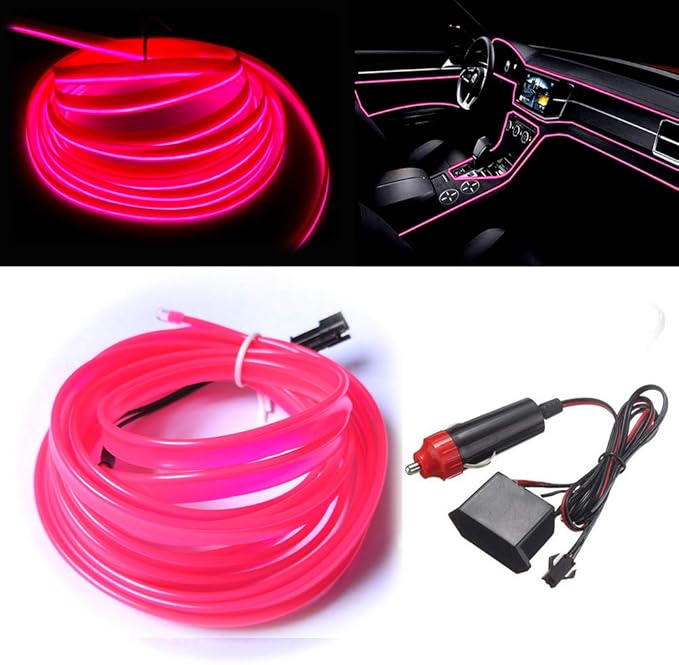 MaxLax Pink LED Neon Car Interior Lighting Strip - 3 Meter Flexible 12V EL Wire with Built-in Fuse Protection for Automotive Interior Customization, Featuring 6mm Sewing Trim for Easy Installation.