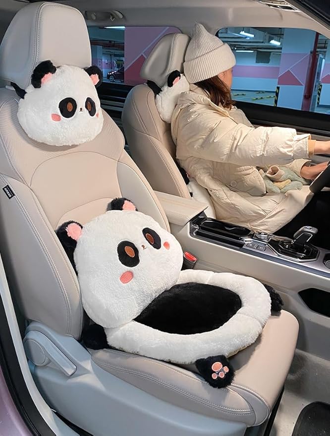 Cartoon Car Seat Cushion Lumbar Support Pillow and Neck Pillow, Cute Car Seat Pillow Headrest Pillow Back Support for Driving Fatigue Relief,for Office Chair Truck SUV (Panda Seat)