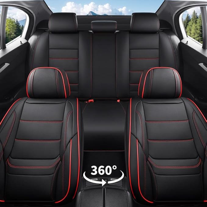 Car Seat Covers Full Set Custom Fit for Ford Fusion 2007-2020-Luxury Leather with Lumbar Support, Breathable, Waterproof, Anti-Slip, Durable, Easy to Install (Black&Red,Full Set)
