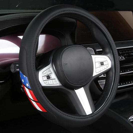 Microfiber Leather Steering Wheel Covers Compatible with Toyota 4Runner Tacoma Tundra Highlander Non-Slip, Breathable 15-16.5 inch - American Flag