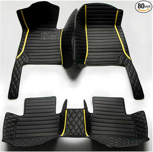 TREGOO All Weather Car Mats Custom Fit Non Slip Floor Mats for 1998-2025 Cars Personalized Leather Protection Pads Suitable for Men Women (Black Double Panel with Yellow Stripe)
