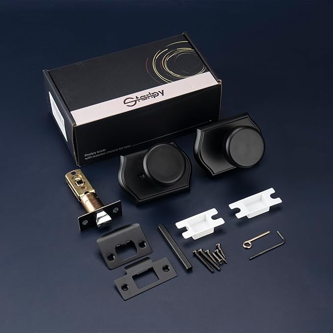 Interior Pismo Doorknobs for Bath & Bedroom, Black Door Knobs with Camelot Trim, Heavy Duty Door Knob with Lock