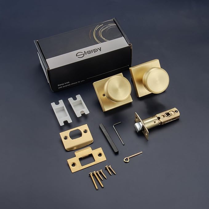 6 Pack Brushed Gold Door Knob with Square Rosette, Heavy Duty Door Knob with Lock, Interior Door Handles for Bath & Bed,