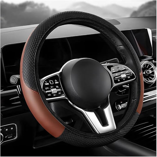 Car Steering Wheel Cover, 15 inch Carbon Fiber Microfiber Leather Elastic Steering Wheel Protector, Breathable Anti-Slip Comfortable Steering Wheel Covers for Most Cars (Black&Khaki, AD)
