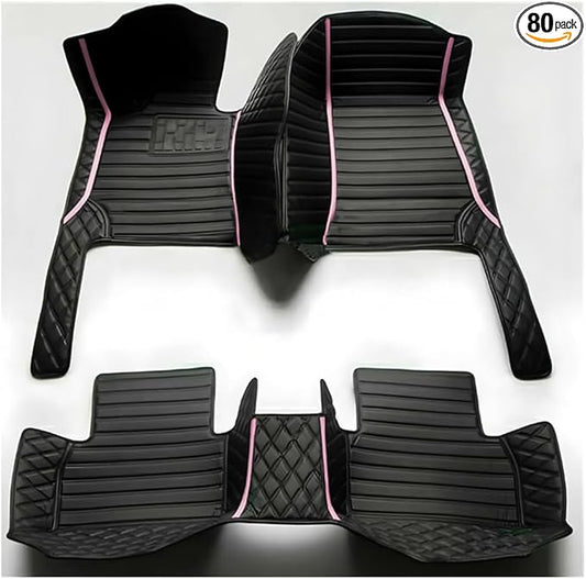 TREGOO All Weather Car Mats Custom Fit Non Slip Floor Mats for 1998-2025 Cars Personalized Leather Protection Pads Suitable for Men Women (Black Double Panel with Pink Stripe)
