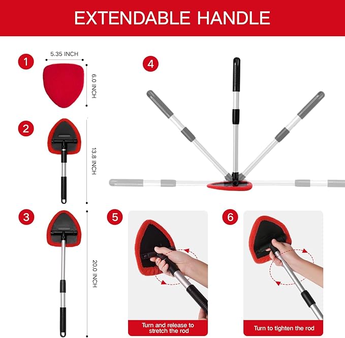 Qydipclin 10pcs Windshield Cleaner Tool, Car Window Cleaning Wash Kit with 4 Reusable Microfiber Pads 1 Spray Bottle and Extendable Handle Auto Glass Wiper Kit, Red