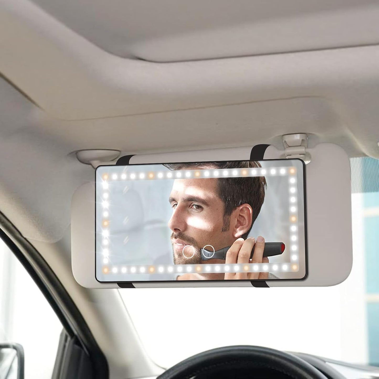 Car Sun Visor Vanity Makeup Mirror, 2 Pcs Rechargeable with 3 Light Modes & 60 LEDs - Dimmable Clip-on Rear View Sun-Shading Cosmetic Mirror, Universal for Car SUV Truck (Black)