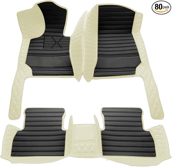 TREGOO All Weather Car Mats Custom Fit Non Slip Floor Mats for 1998-2025 Cars Personalized Leather Protection Pads Suitable for Men Women (Edge Beige Black Horizontal bar)