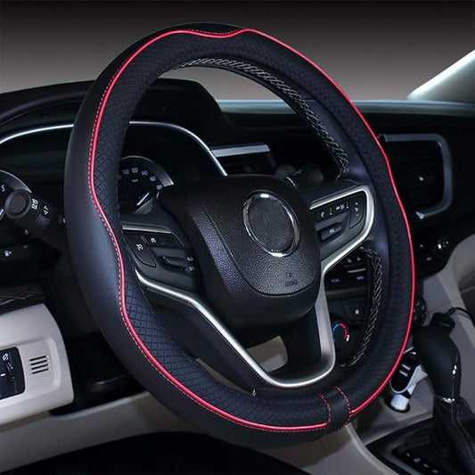 Mayco Bell Universal Standard Size Steering Wheel Cover Anti-Slip,Safety,Soft,Breathable,Durable,Full Surround,Comfortable Grip Microfiber Leather (14.5-15 inch,Black Red)