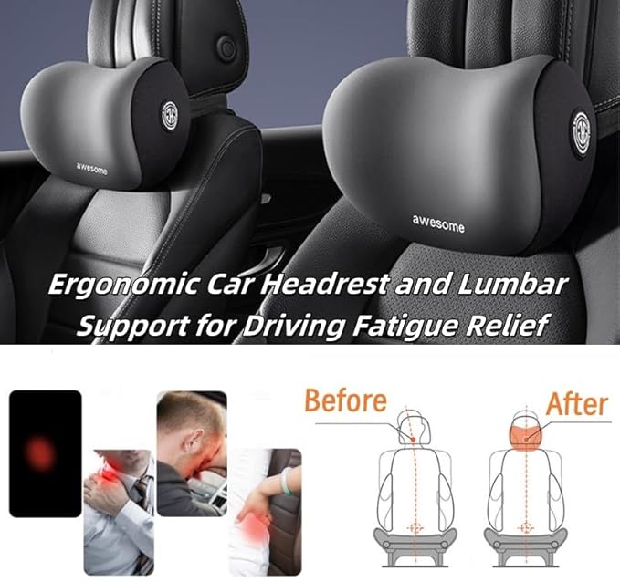 Car Headrest & Lumbar Support Cushion Kit, Ergonomic Car Seat Neck Pillow and Backseat Cushion for Driving Fatigue Relief, Driving Seat Memory Foam Neck Back Rest Pillows (Pink)