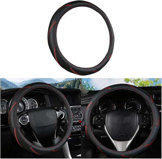 BELOMI Car Steering Wheel Cover, Anti Slip Leather Breathable Vehicle Protector, Comfortable Grip Automotive Interior Protective Guard Accessories, Universal for SUV, Sedan, Truck (Black/Red)