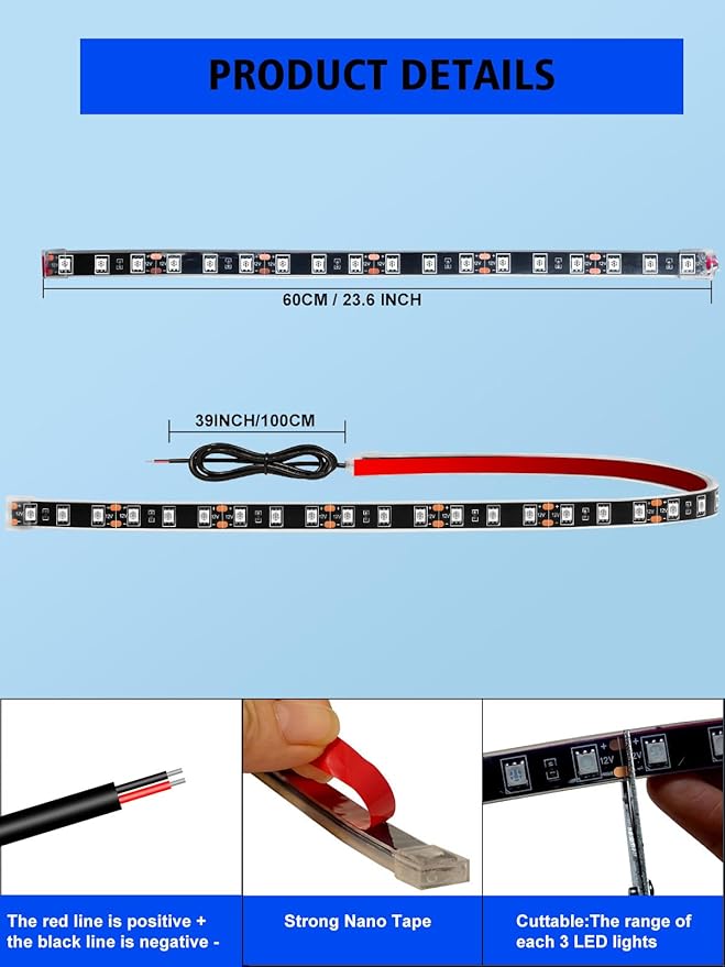 YM E-Bright 4Pcs Led Strip Lights for Car, 24inch Waterproof IP68 Car Underglow Strip Lights Decoration 36SMD 12V Led Interior Exterior Lights Strip for Cars Motorcycles Truck Golf Cart Boat - Red