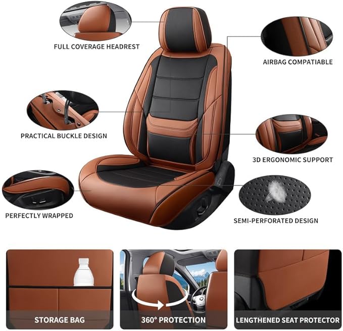 Car Seat Covers Full Set Custom Fit for Saturn Aura 2006-2009-Luxury Leather with Lumbar Support, Breathable, Waterproof, Anti-Slip, Durable, Easy to Install (BlackBrown,Full Set)