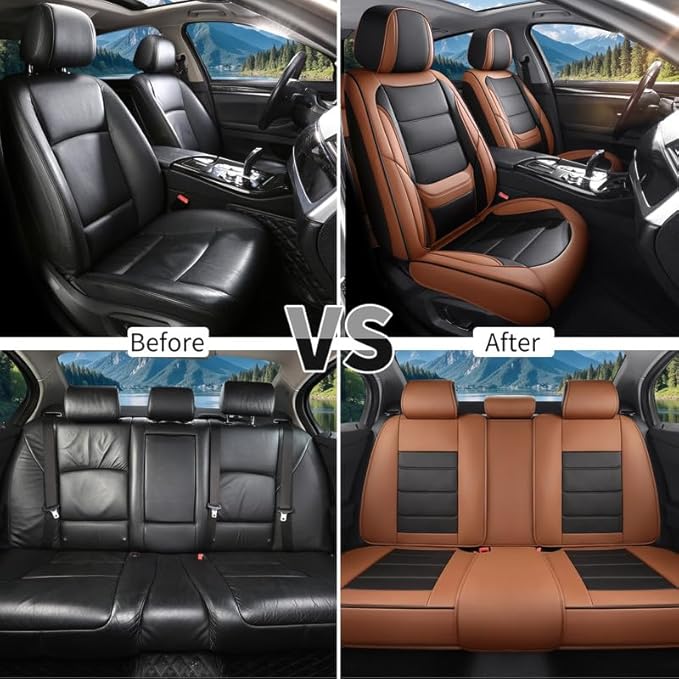 Car Seat Covers Full Set fit for Chevrolet/Chevy HHR 2006-2011 , Premium Faux Leather Waterproof Car Seat Protectors with Lumbar Support, Breathable Anti-Slip Auto Seat Covers(Black&Brown,Full set)