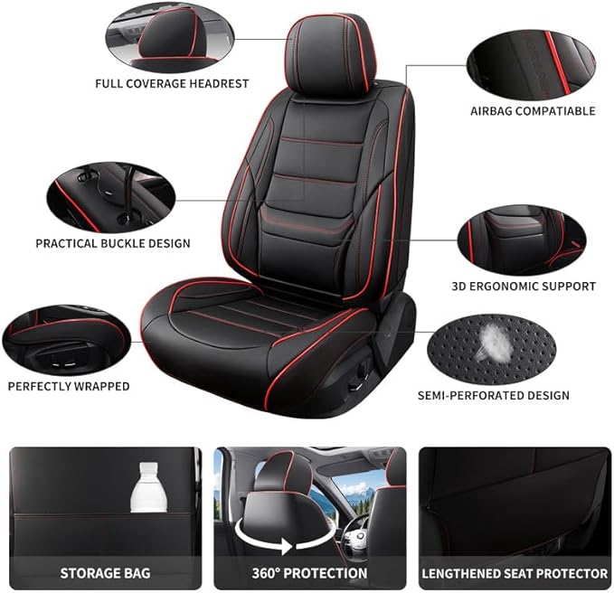 Car Seat Covers Full Set fit for Chevrolet/Chevy HHR 2006-2011 , Premium Faux Leather Waterproof Car Seat Protectors with Lumbar Support, Breathable Anti-Slip Auto Seat Covers(Black&Red,Full set)