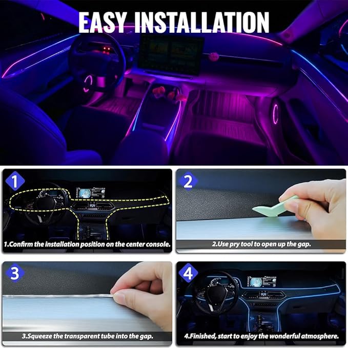 Ambient Lighting Car Led Lights Interior Kit,10 in 1 RGB Music Sync Acrylic Led Lights for Car Interior,175 inches Fiber Optic Neon Accent Strip Night Ambiance Footwell Lighting with Wireless APP