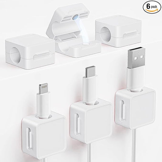 Cord Holder, 6 Pack Magnetic Cable Clips, Adhesive Cord Holder for Nightstand Desk Organizer Car Wall Office Phone Wire Keeper, Clear White
